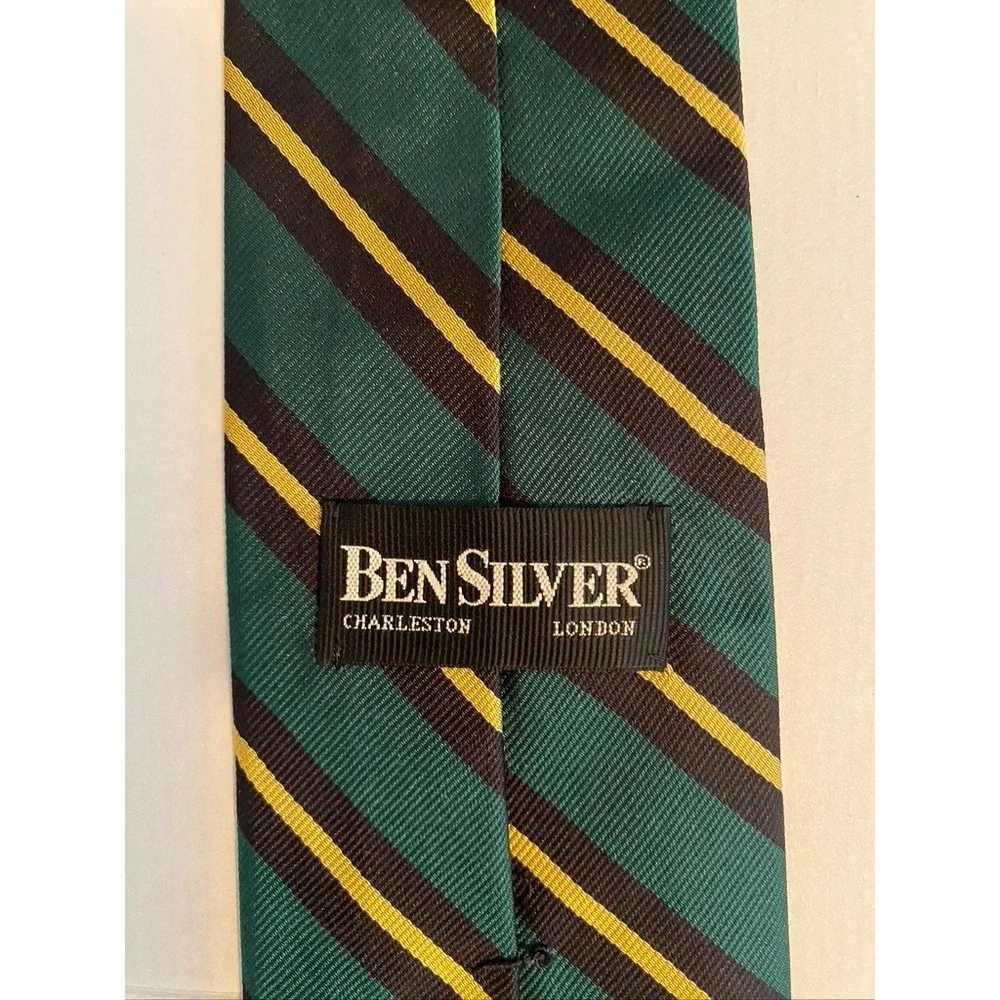 Ben Silver Charleston London Silk Tie Green Navy Gold Striped Hand Made Mens